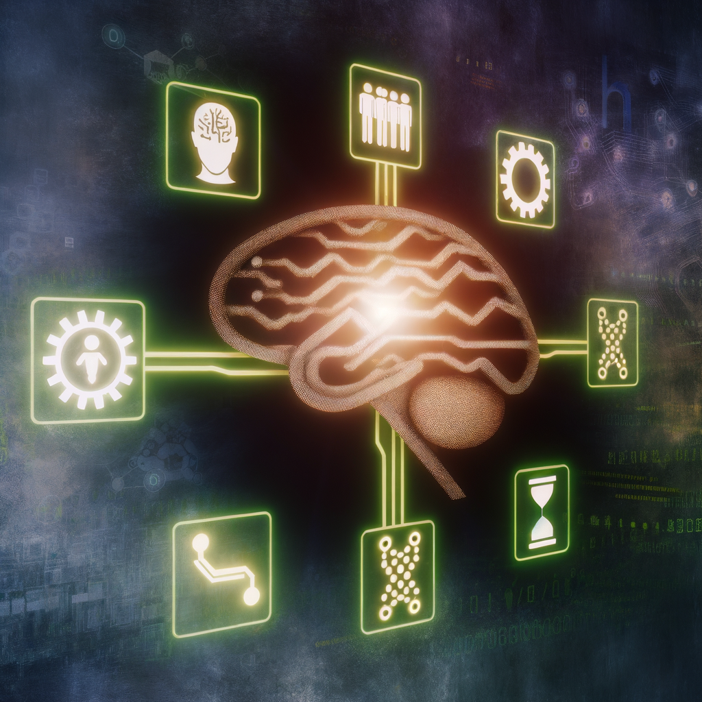 Alt text: Conceptual graphic of a glowing brain connected to various symbols representing intelligence and technology.
