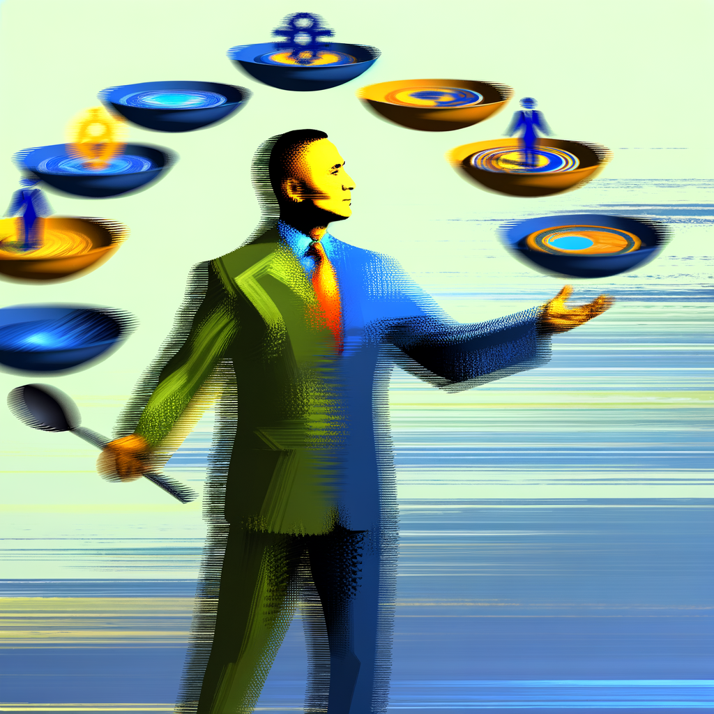 Stylized image of a man juggling abstract symbols, with a digital brush stroke effect.
