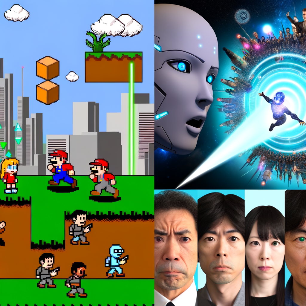 Collage of retro video games, futuristic AI face, space scene, and four human expressions.