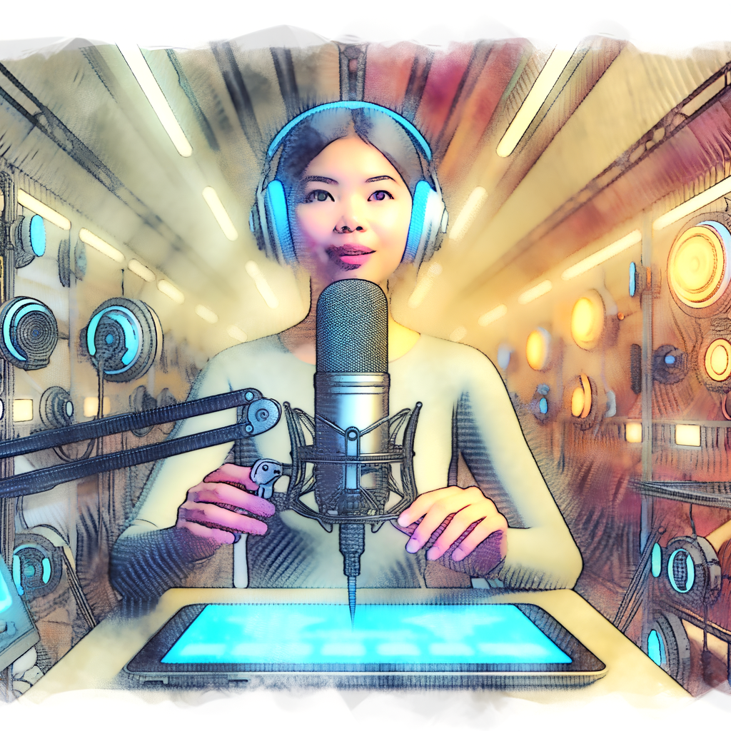 A woman with headphones speaks into a microphone against a glowing, futuristic background.