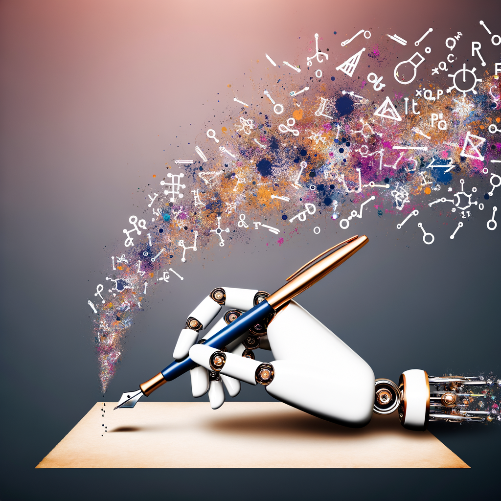 Alt text: Robotic hand holding pen with colorful mathematical symbols exploding from its tip.