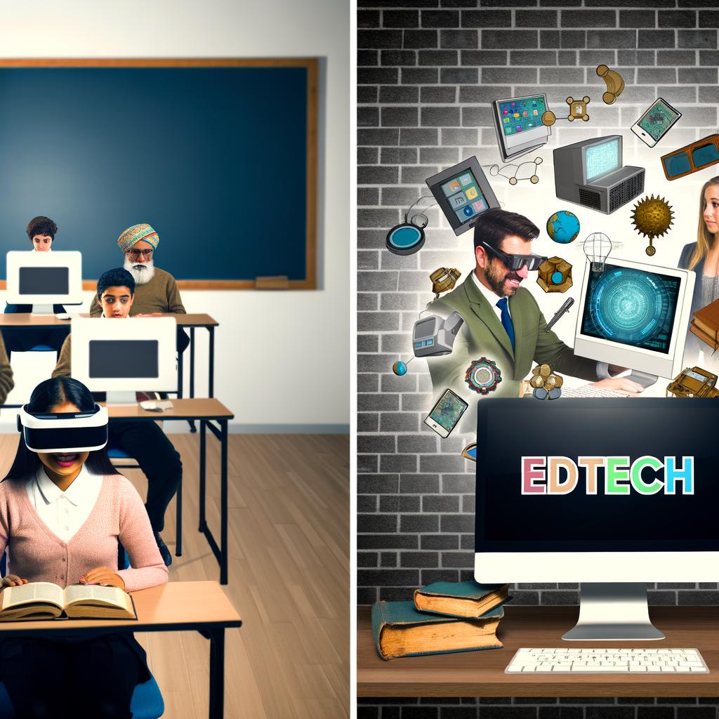 Split image contrasting traditional classroom and futuristic virtual educational technology.