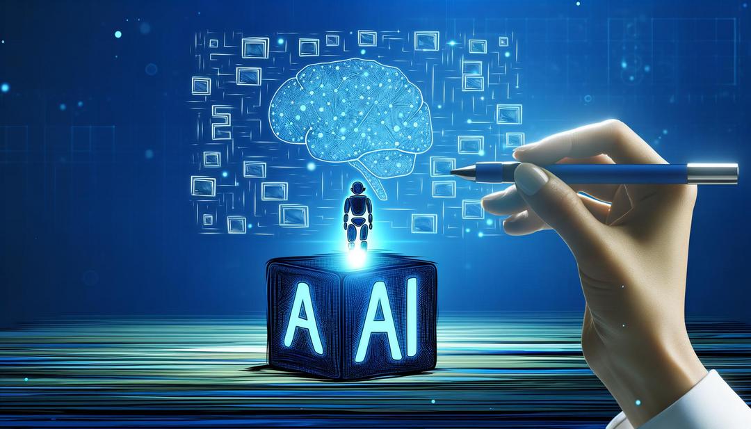 Hand holding stylus with AI brain concept and human-like figure on blue cube.