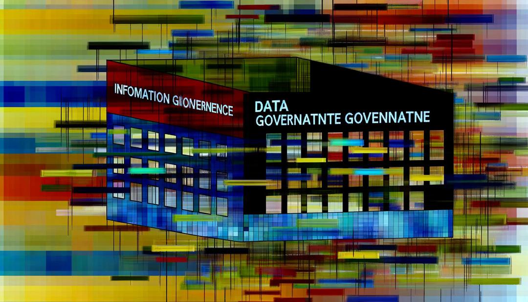 Abstract digital collage resembling buildings with neon rectangles, displaying misspelled 'Information Governance' and 'Data Governance'.